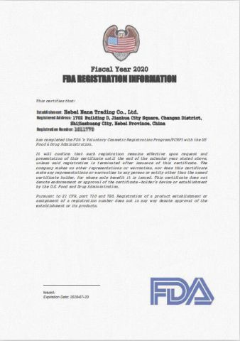 FDA Certificate certificate of Hebei Nana Trading Co., Ltd. – certificate photo, supplier certificates section