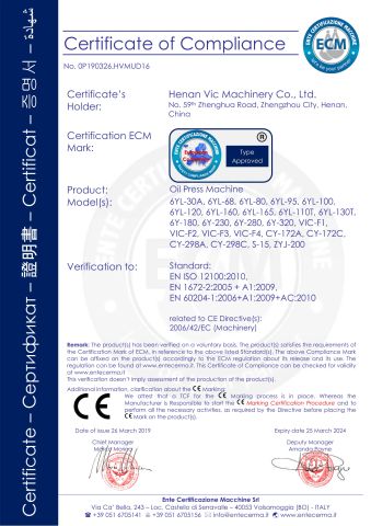 Oil Press Machine CE certificate from Henan VIC Machinery Co., Ltd.