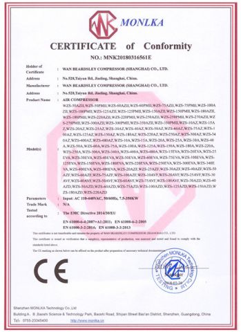 CE Certificate of Air compressor certificate from Wan Beardsley Compressor Machinery (Shanghai) Co., Ltd.