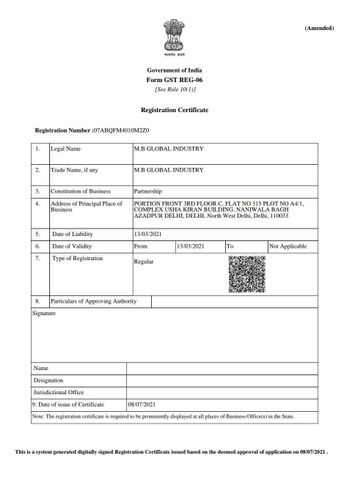 07ABQFM4010M2Z0 certificate from Mb GLobal Industry