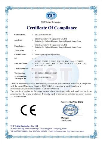 CE for laser certificate from Shandong Ruby CNC Equipment Co., Ltd.