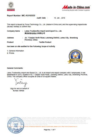 BV AUDITED CERTIFICATE certificate from Laiwu Trustworthy Import and Export Co., Ltd.