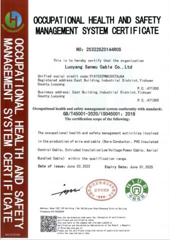 ISO45001 certificate of LUOYANG SANWU CABLE GROUP CO., LTD – certificate photo, supplier certificates section