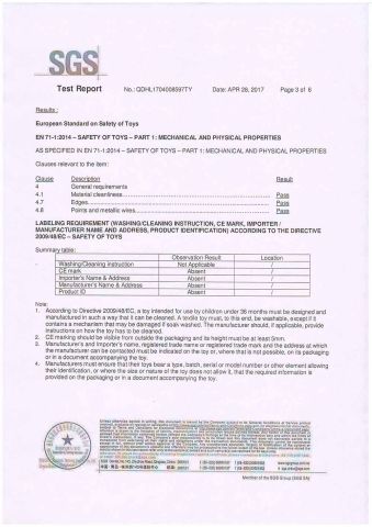 EN71 SGS test reports certificate from Qingdao Plus Commerce Co., Ltd.