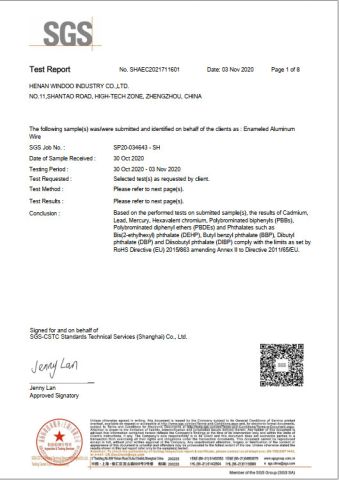 SGS certificate from Henan Windoo Industry Co., Ltd.