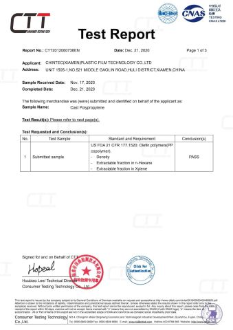 FDA Certificate of CPP Film certificate from Chintec (Xiamen) Plastic Film Technology Co., Ltd.