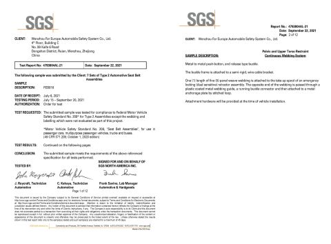 FMVSS209-FEB016 certificate from Wenzhou Far Europe Automobile Safety System Co., Ltd
