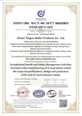 Q45001 certificate of Henan Taiguo Boiler Group Co., Ltd – certificate photo, supplier certificates section