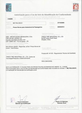 INMETRO certificate of Qingdao Timax Tire Co., Ltd. – certificate photo, supplier certificates section