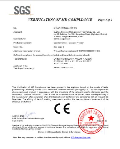 CE of COUNTER certificate from Suzhou Coresun Refrigeration Technology Co., Ltd.