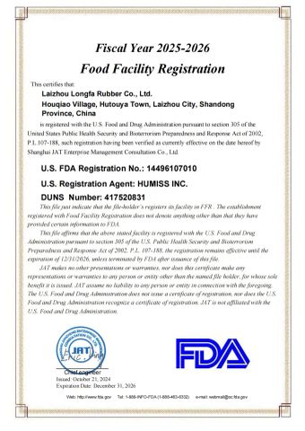 FDA certificate from LAIZHOU LONGFA RUBBER CO., LTD