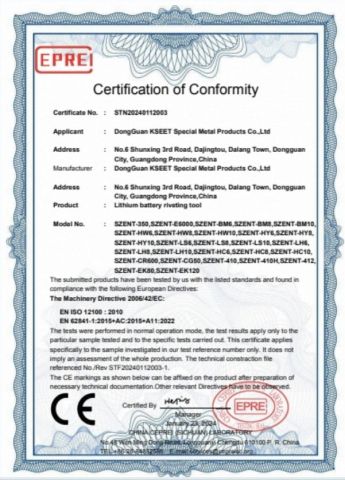 CE Certification certificate from Kseet Special Metal Products Co., Ltd.
