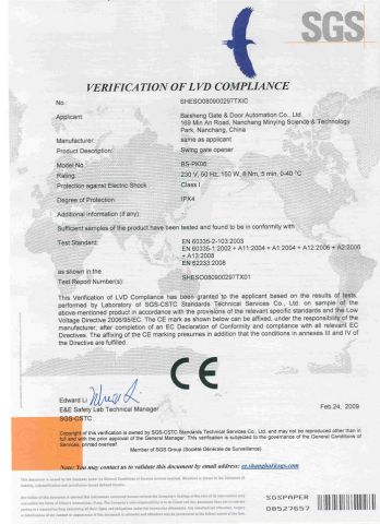 PK06 (LVD OF CE) certificate from BISEN SMART ACCESS CO., LTD.
