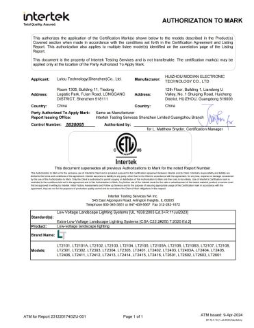 ETL for Non-Bulb Fixture certificate of Lutou Technology (Shenzhen) Co., Ltd. – certificate photo, supplier certificates section
