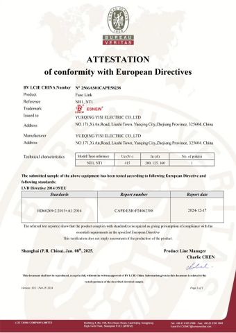 CE for NT1 and NH1 fuse link certificated by BV certificate from Yueqing Yisi Electric Co., Ltd.