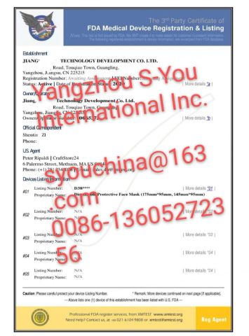 FDA certificate from YANGZHOU S-YOU INTERNATIONAL INC.
