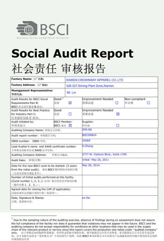 BSCI certificate from Xiamen Crownway Apparel Co., Ltd.
