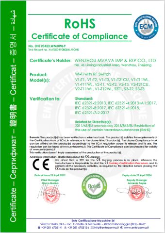 WIFI WITH RF SWITCH certificate from Wenzhou Mvava Electrical Technology Co.,Ltd