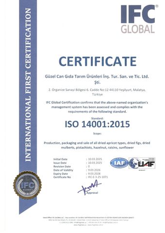 ISO 14001 CERTIFICATE certificate from GUZEL CAN GIDA TARIM URUNLERI INS.TUR.SAN.TIC.VE.LTD.STI