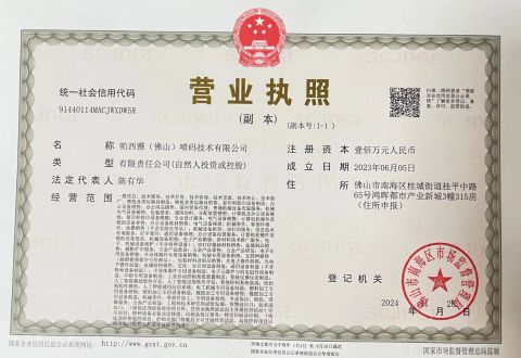 Business License certificate of Paxiya (Guangzhou) Inkjet Technology Co., Ltd. – certificate photo, supplier certificates section