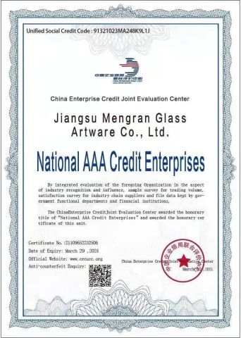 National AAA Credit Enterprises certificate from Jiangsu Mengran Glass Artware Co., Ltd.