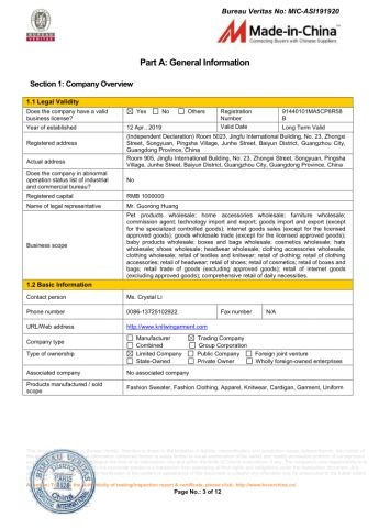 BV 3 certificate from Guangzhou Knitwinner Garment Company Ltd