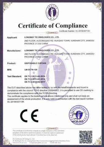 CE for disposable curtain certificate from Longway Technologies Co., Ltd.