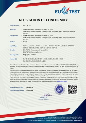 Forklif EU certificate from Shandong Jiusheng Intelligent Equipment Co., Ltd