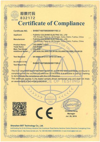 CE certificate of led panel light certificate from Fuzhou Colshine Electric Co., Ltd.