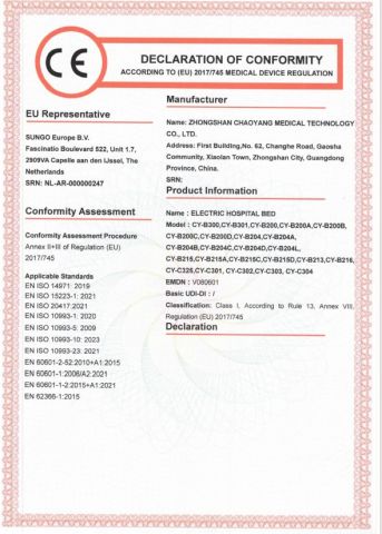 DOC--ELECTRIC HOSPITAL BED certificate from Zhongshan Chaoyang Medical Technology Co., Ltd.