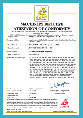 CE CERTIFICATE certificate of Qingdao Yituo Machinery Equipment Co., Ltd. – certificate photo, supplier certificates section