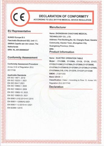 DOC--ELECTRIC OPERATION TABLE certificate from Zhongshan Chaoyang Medical Technology Co., Ltd.