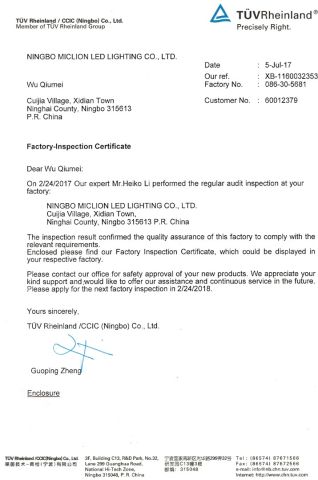 TUV certificate from Ningbo Miclion LED Lighting Co., Ltd.