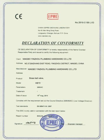 CE certificate from Ningbo Yinzhou Plumbing Hardware Co., Ltd.