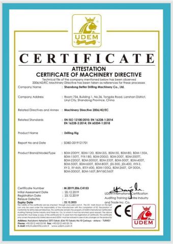 CE certificate of Shandong Better Drilling Machinery Co., Ltd. – certificate photo, supplier certificates section