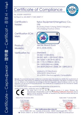 KF-Kpluslift Certificate certificate of Kplus Equipment(Hangzhou) Co., Ltd – certificate photo, supplier certificates section