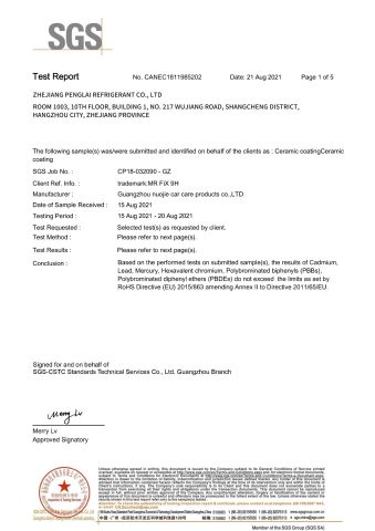 SGS certificate from Zhejiang Penglai Refrigerant Co., Ltd.