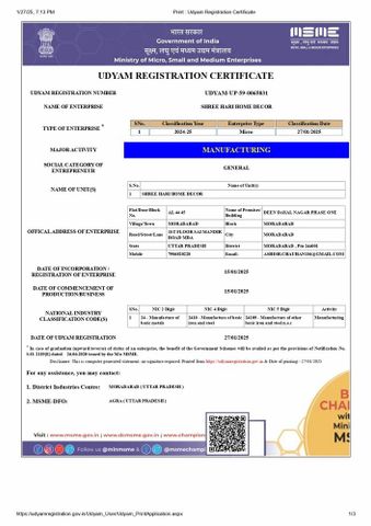Our Certifications certificate of Shree Hari Home Decor – certificate photo, supplier certificates section