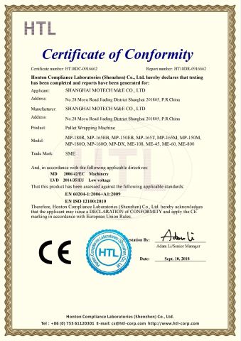 CE Pallet wrapper machine certificate of Shanghai Motech M&E Co., Ltd. – certificate photo, supplier certificates section