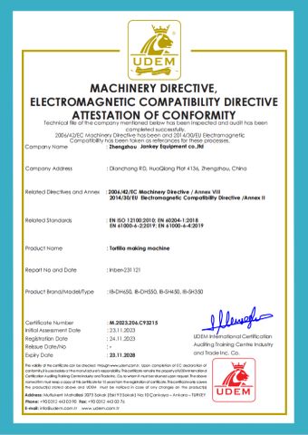 CE certificate from Zhengzhou Jan Key Equipment Co. Ltd