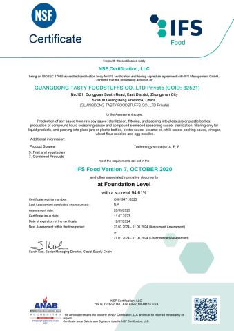 IFS certificate from Guangdong Tasty Foodstuffs Co., Ltd.