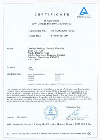 CD6181 CD6180 CD6280 CE CERTIFICATE-LOW VOLTAGE DIRECTIVE certificate from DEZHOU PRECION MACHINE TOOL CO., LTD.
