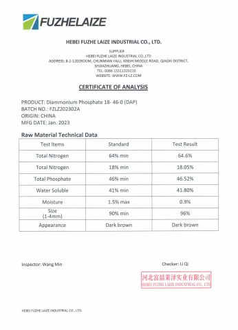 COA certificate from Hebei Fuzhe Laize Industrial Co., Ltd