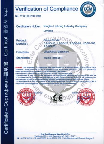 CE for stump remove machine certificate from Ningbo Lizhong Industry Co., Ltd.