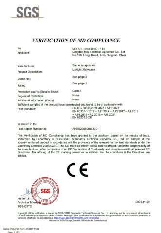 CE2 certificate of Qingdao Mox Electrical Appliance Co., Ltd – certificate photo, supplier certificates section