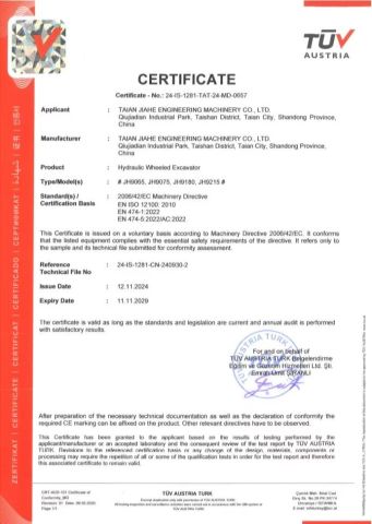 CE Wheel Excavator certificate from Taian Jiahe Engineering Machinery Co., Ltd.