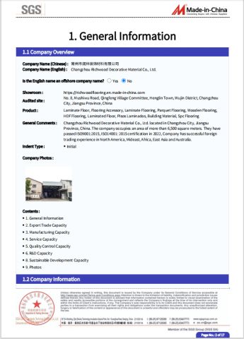 Certification Report certificate from Changzhou Richwood Decorative Material Co., Ltd.