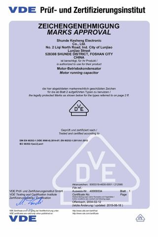 VDE certificate certificate from KESHENG FILM-CAP