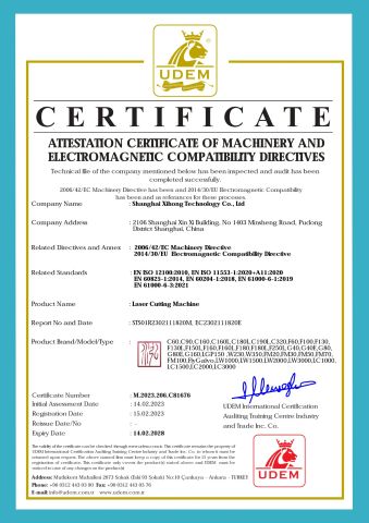 CE Certification of Laser Cutting Machine certificate from Shanghai Xi Hong Technology Co., Ltd.