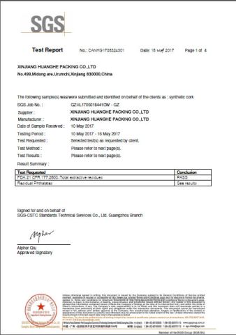 synthetic cork stopper SGS test report certificate from Xinjiang Huanghe Packing Co., Ltd.
